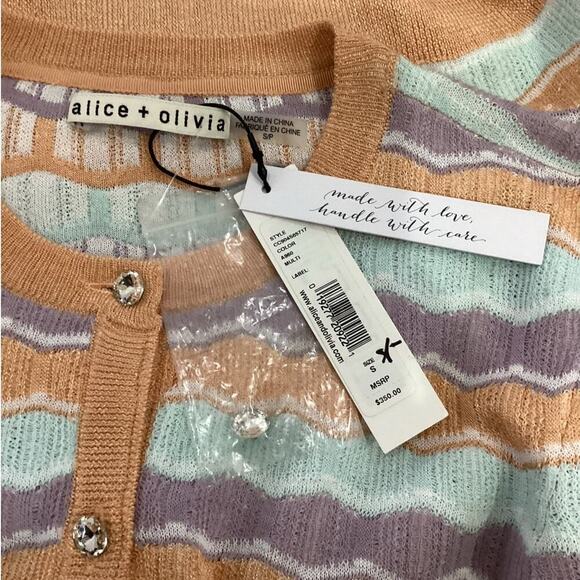 Alice + Olivia Wave Stripe Summer Knit Cardigan In Pastels Size Small - Picture 9 of 11